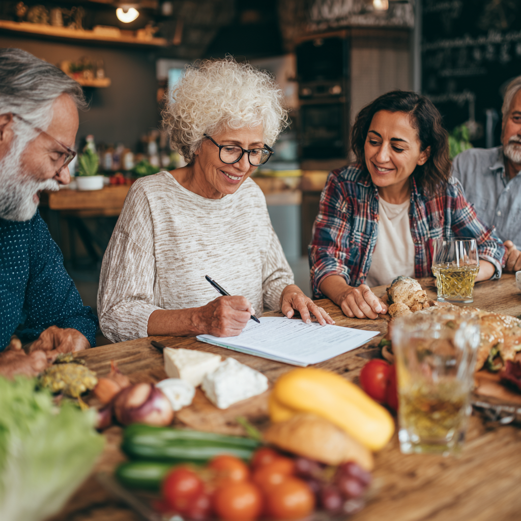 Romanian adults enjoying a healthy, colorful meal together around a modern kitchen table, showing various fresh vegetables and nutritious foods