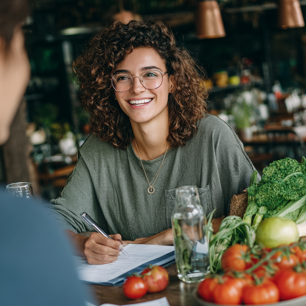 Romanian nutritionist consulting with a middle-aged client, both smiling while reviewing a personalized meal plan in a bright, modern office
