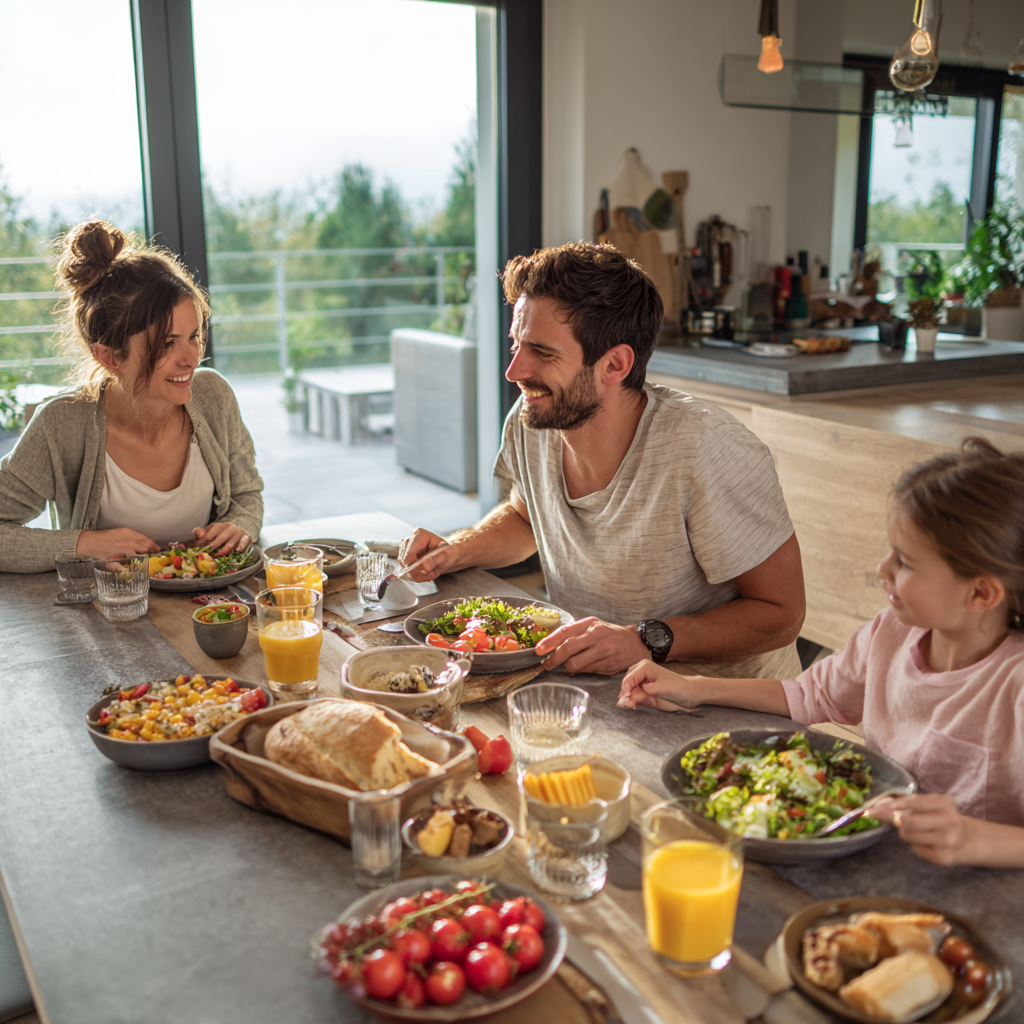Romanian family of different ages preparing fresh, colorful vegetables and fruits in a modern kitchen, emphasizing nutrient-rich foods